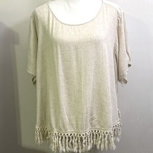 Umgee Beige Linen Blend Oversized Boho Tassel Fringe Hem Top — Size Large